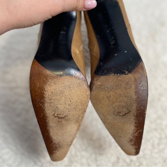 VTG Y2K Stuart Weitzman Leather Boots 7.5 Metallic Gold Pointy Toe Heels Staple - Picture 9 of 13